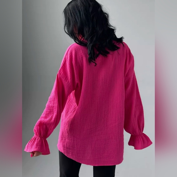 Textured Collared Neck Flounce Sleeve Shirt - Picture 4 of 6